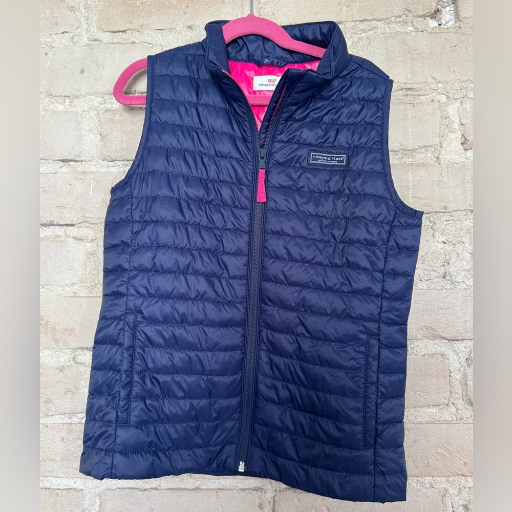 Vineyard Vines Navy Down Vest with Pink Accents